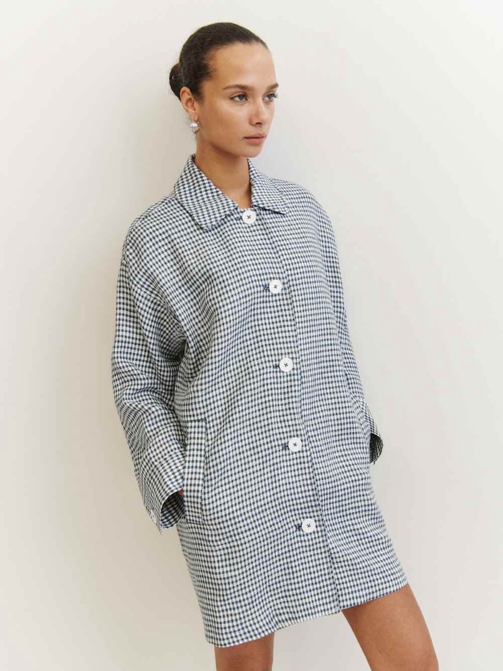 The Reformation Irene Linen Jacket Slate Check Size Small